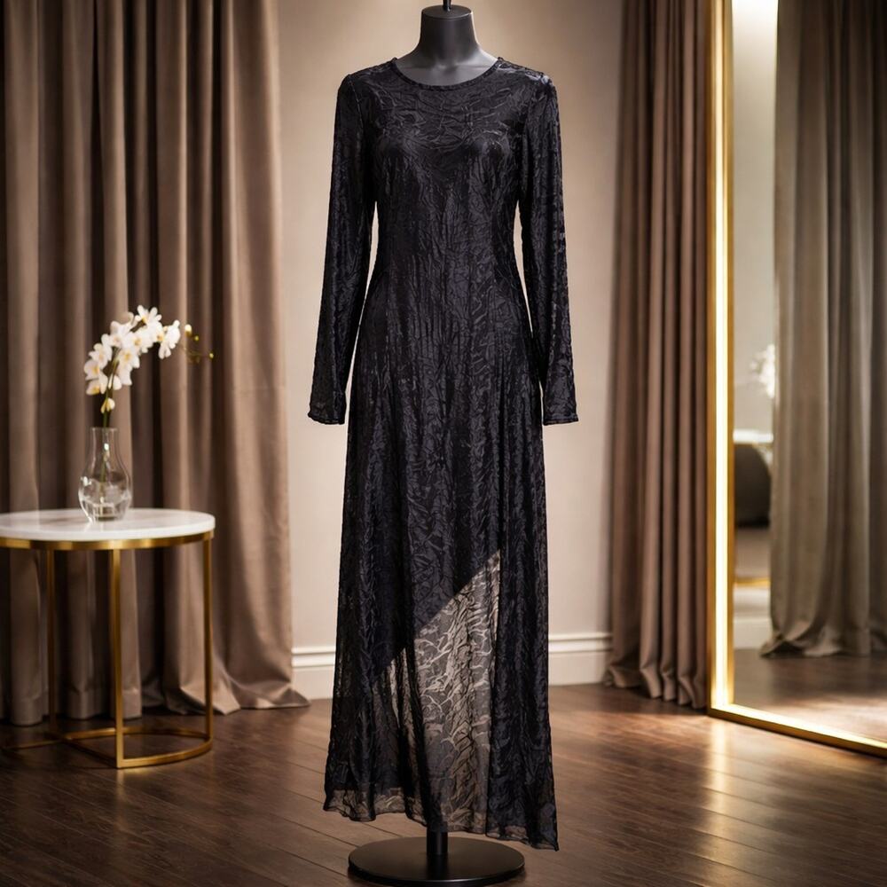 Vintage Luxurious Designer Romantic Jaquard Black Crushed Velvet Dress 42 Eu